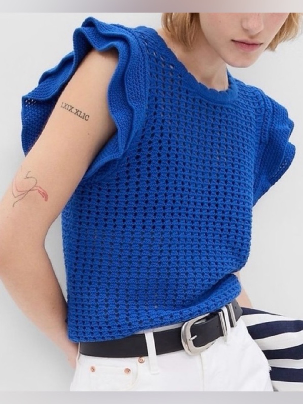GAP Flutter Sleeve Crochet Sweater in Admiral Blue | XLT | EUC